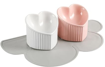 Elevated Cat Food Bowl Set - Double Tilted Cat Bowls with Non Slip Mat - Raised Ceramic Cat Bowl Set - Cute Wide Cat Feeding Bowls Whisker Friendly - Tall Cat Dishes Anti Vomiting - Pink & White