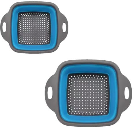 Surwin 2 Pièces Carré Passoire Pliable, Silicone Passoire Cuisine,Compacte Passoire Cuisine Pliable, Passoire Retractable Passoire Pates, Portable Panier de Fruits (Bleu)