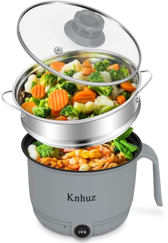 Hot Pot Electric With Steamer,Rapid Ramen Cooker,1.8L Mini Portable Self Heating Electric Pot For Cooking Noodles Steak Pasta,Shabu Shabu Hotpot Pot Electric Dorm Lazy Pot,Non-Stick Gray