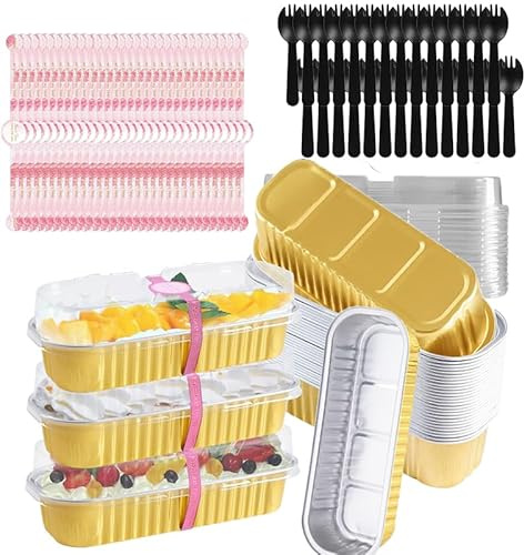 Eidoct 30Set Mini Loaf Cake Cases 200ML, Mini Loaf Tins with Lids and Spoons Aluminum Foil Baking Pans with Sealing Sticker for Bread Cake Wedding Birthday Picnic Party (Gold)