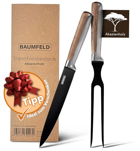 Baumfeld Grill- & Tranchierset 2-teilig – Fleischmesser mit Fleischgabel | BBQ Besteck für Steak, Braten, Spareribs & Geflügel | scharf & rostfrei aus Edelstahl (Schwarz)