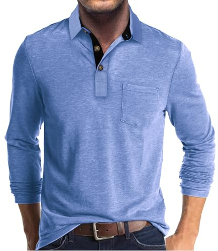 Zetieny Herren Poloshirts Langarm Leichte Polohemd Atmungsaktiv mit Taschen | Einfarbig, 3 Knöpfe, Regular Fit, Basic, Stretch, Brusttasche, Kontrast-Kragen, ,Freizeit und Alltag, Golf, Busines, Outdoor