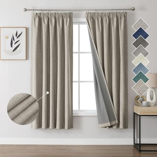 Joydeco 100% Blackout Curtains Bedroom 46 x 54 Inch Drop, Faux Linen Pencil Pleat Thermal Insulated Drapes with Coating Back Layers for Room Darkening Privacy Protection, 2 Panels, Linen Colour