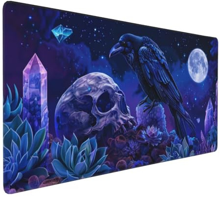 Tapis de Souris 80x40 cm Grand Tapis Souris XXL, Crâne corbeau Tapis de Souris Bureau Gamer, à Bords Cousus, Base en Caoutchouc Antidérapante, Sous Main pour Clavier et Souris, Decoration Maison E-585