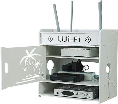 Wall Mount Router Shelf for TV Lower Row Socket Wireless Router Storage Box with Cable Management Desktop Storage Box for Router nization (White 31x21x32cm)