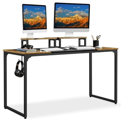 Yaheetech Bureau d'ordinateur, Poste de Informatique avec 2 Support d'écran Mobile, Table d'Étude avec Crochet pour Casque，pour Gaming/Chambre/Salon, 140 cm L × 60 cm l × 89,5 cm H, Brun Rustique