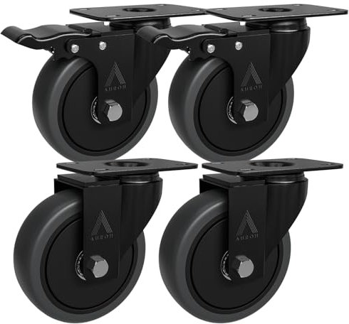 Auroh 4x Heavy Duty Castor Wheels, Swivel Furniture Caster - 100mm up to 600KG - Pack of 4 (2 with Brakes) No Floor Marks Silent Caster for Furniture - Polypropylene Trolley Wheels - Grey Castors
