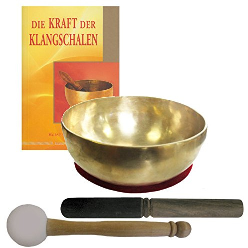 Therapie Klangschale Kleine Herzschale 600g - 700g | Handgearbeitet in Nepal | 5-tlg. Klangmassage-Set mit Buch, 2 Klöppeln & Zubehör für Meditation & Yoga. 70262