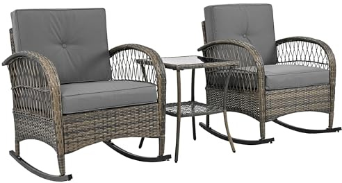 soges Rattan Balkonset (3-teilig), Balkonmöbel, Gartenmöbel-Set Akazienplatte mit grauen Kissen, Tragkraft 160 kg Terrassenmöbel, Outdoor, für Terrasse, Balkon, Garten