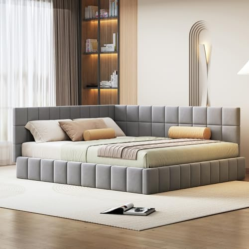 Lahoomu Polsterbett Schlafsofa 160 * 200 Multifunktionsbett mit Lattenrost aus Hautsympathischem Samtstoff Grau