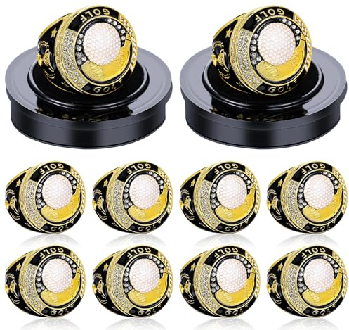 Highergo 10pcs Softball Soccer Baseball MVP Championship Trophy Ring with Display Neck Chain and Stand Basketball Cheerleading Bowling Football Volleyball Track Field for Award Gift