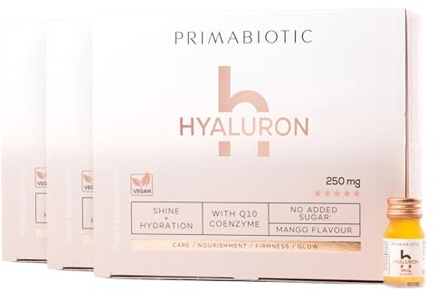 Acido Ialuronico da Bere - Primabiotic Hyaluron 250 mg | 60 Flaconcini da 30 ml (1800 ml) | Integratore Liquido di Alta Qualità per la Bellezza e la Pelle del Viso | Vegano, Senza Glutine e Lattosio