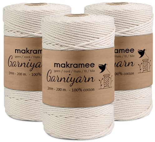 GARNIYARN Makramee Garn 3mm x 600m, 100% Baumwolle, Natural | OEKO-TEX, 4-fach gezwirnte Baumwollkordel für Makramee-Wandbehang, Blumenampel, Pflanzenhänger, Traumfänger und DIY-Projekte