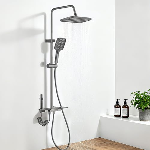 Kinhoou Upgraded Shower Riser Rail Kit Modern Thermostatic Shower Mixer with Twin Heads Adjustable Square Overhead Rainfall with Handheld Dispenser 4 Ways Outlet for Bathroom