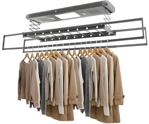 gegeweeret Stendibiancheria elettrica da soffitto, montaggio a soffitto, stendibiancheria con telecomando, asta telescopica, illuminazione a LED, ventilatore e disinfezione UV, fino a 35 kg