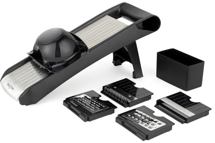 Salter Expert Chef’s Mandoline – 4 lames interchangeables, en acier inoxydable, 35x12x8.3cm, cadran facile à utiliser, épaisseur réglable, râpe/tranche/julienne, pliable, protège-doigts, noir