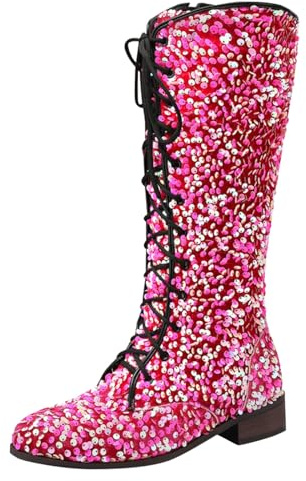 Generisch Women's Medium Calf Boots with Sequins Decoration Lace Up Comfortable Low Heels Boots for Women Zip Classic Ankle Boots, red, 6 UK