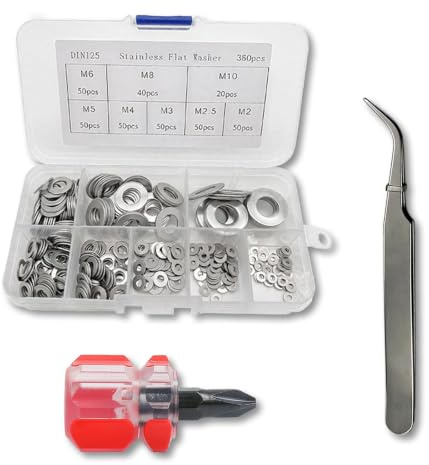 360 Pièces Rondelles Métal, Rondelles Plates Inox M2-M10, Kit Fixation | Acier inox 304, 8 tailles M2-M10 avec boîte, tournevis rouge et pince courbée argentée pour maison, atelier et DIY