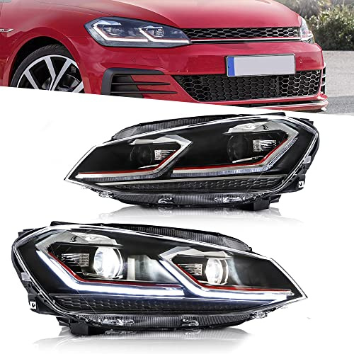 VLAND Faros para Golf 7 Golf MK7 TSI TDI base Halógeno 2012-2016 [no para GTI/GTD/Xenon], con intermitente secuencial - Raya roja