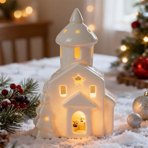 Weihnachtsdorf Beleuchtet Weiß,Mini Lichthaus Gästehaus Weihnachtslaterne LED,Lichthäuser Keramik Weiß Teelichthalter Windlicht Haus Weihnachtshäuser Weihnachtsdeko,Keramikhaus Skandinavisch (17)