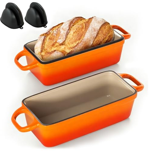 2 IN 1 Cast Iron Bread Loaf Pan with Lid, 3.4QT 9x5 Inch Dutch Oven for Bread Baking, Even Heating Bread Oven, Enameled Bread Pan for Homemade Sourdough Bread Baking & Versatile Cooking, Orange