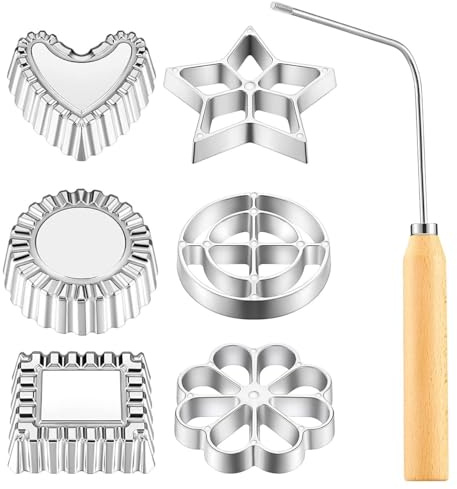 DUZEPA Set med 7 rosettformade våffel- och bunueloformar i järn – traditionell bakform med trähandtag för tårtor/bakverk