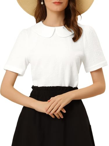 Allegra K Donna Camicetta con Colletto Peter Pan per Top Kawaii a Maniche Corte a Sbuffo Jacquard Floreale da Donna Bianco M