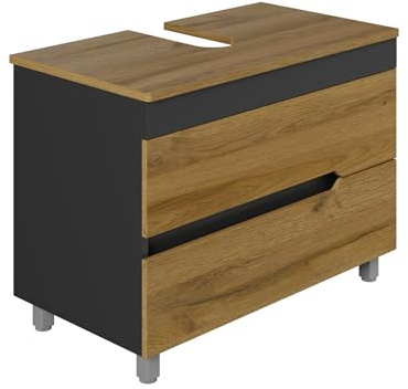 KAREN banyo Badunterschrank mit Füßen Anthrazit & Eiche 60/80 cm | Steh-Unterschrank | Waschbeckenunterschrank | Konsole mit Siphonausschnitt | Boho-Stil | Gäste-Badmöbel (Marmara 80 Eiche)