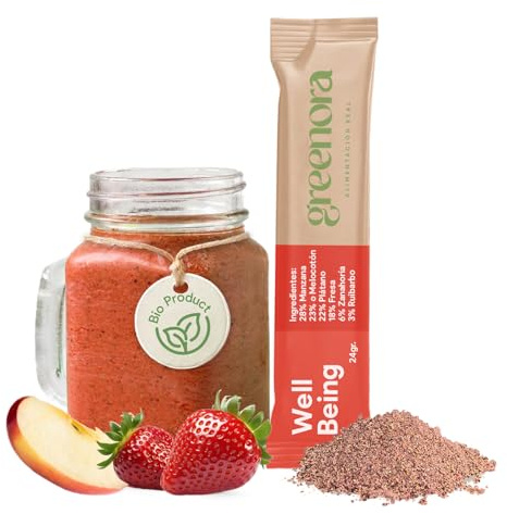 GREENORA Smoothie Vegano de Fruta Liofilizada BIO, de Manzana, Melocotón, Plátano, Fresa, Ruibarbo y Zanahoria en Polvo, Ideal para Bowls y Recetas, Sin Azúcar, 10 Unidades (Sticks).