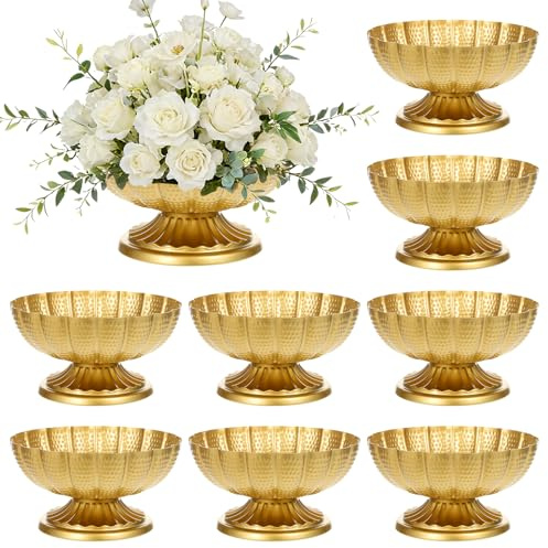 8 PCS Compote Bowl Gold Vase for Centerpieces 7 W x 4 H Small Metal Pedestal Vase Antique Gold Urn Vases Flower Arrangement for Wedding Anniversary Parties and Home Decor