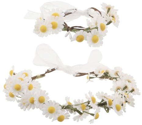 HOODANCOS Gänseblümchen Blumenkranz Satz mit Haarkranz und Armband Stoff Blumenhaarband für Damen Leichtes Blumenzubehör für Hochzeiten Partys und Fotoshootings