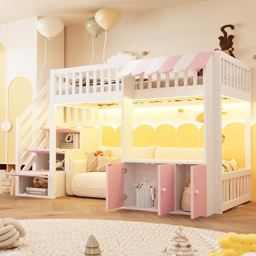 Xwiny Hochbett 90×200 cm mit Mehrfarbiger LED-Lichtleiste, Kinderbett mit Stauraumschrank und Stauraumtreppe, Traufendesign, Lattenrost, Rosa(Ohne Matratze)
