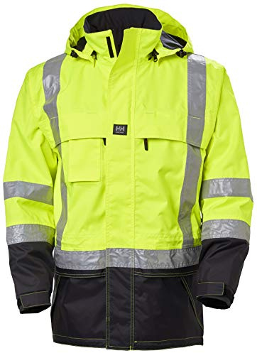 Helly Hansen Potsdam Mens Hi-Vis Rain Jacket - Waterproof Windproof Work Rain Gear - Safety Jacket with Pockets - Hi Vis 369 Yellow/Charcoal - X-Large