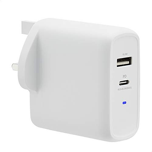 Amazon Basics 63W Two-Port GaN Wall Charger with 1 USB-C (45W) and 1 USB-A Port (18W) for Laptops, Tablets and Phones with Power Delivery - White (non-PPS)