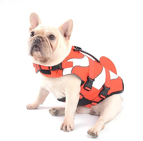 Hifrenchies Hundeschwimmweste Hai Schwimmweste Haustier Sicherheit Badeanzug Rettungsweste für Französische Bulldogge(Größe L, Clownfisch)