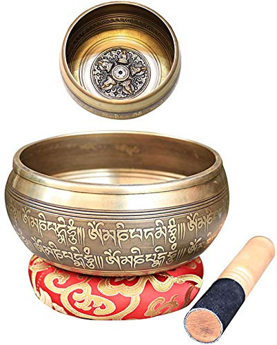 GGMWDSN Cuenco Tibetano, Cuenco Tibetano 7 Metales, con CojíN de Seda y Mazo de Madera - Cuenco Budista para MeditacióN, RelajacióN Y SanacióN con Vibraciones Sonoras, Yoga, Zen y Paz,A