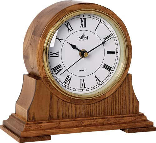 MPM Quality Retro Wood Tischuhr, Braun, Traditionelle und Elegante Holztischuhr, Römischen Ziffern, Präziser Quarz-Schrittmotor, Holz, schöne Wanddekoration für Wohnzimmer, Küche oder im Büro