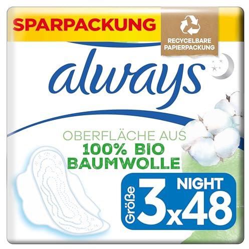 Always Ultra Binden Damen Gr. 3, Cotton Protection Night, 48 Damenbinden mit Flügeln (3 x 16 Stück), Monatspaket, ultradünn und super absorbierend