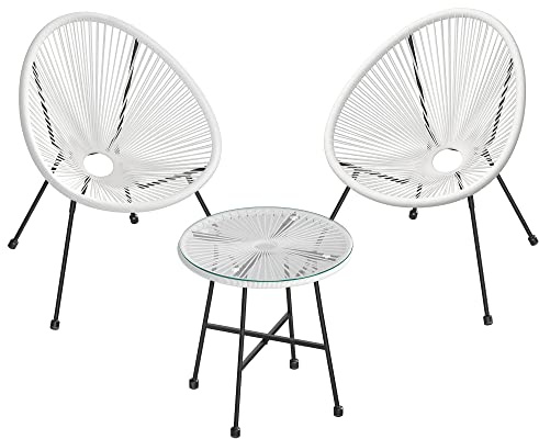 SONGMICS Balkonmöbel, 3er Set, 2 Stühle, Tischoberfläche aus Glas | Gartenmöbel-Set, Sitzgruppe, für Terrasse, Garten, Balkon, im Freien, Balkon, weiß, FELIKS Kollektion GGF013W02