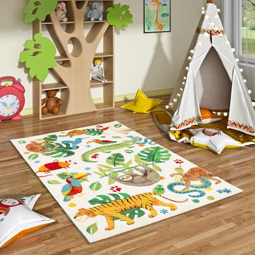 Pergamon Kinderzimmer Teppich Maui Kids Bunt mit Tiermuster Urwald in 5 Größen