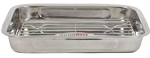 DOMOTTI Bräter mit Rost 40 x 28,5 x 5 cm Ofenform Backform Edelstahl Auflaufform mit Gitter Grill silber rechteckig