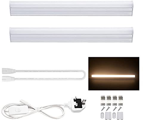 Tekmelau 30cm LED Under Cabinet Light, 5W 3000K Warm White Connectible with ON/Off Switch UK Power Plug, Led Batten Light for Kitchen/UnderCabinet/Ceiling/Garage/Office/Shed/Shop 2-Pack