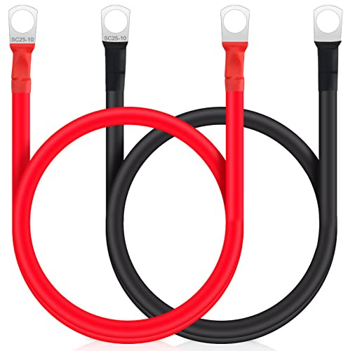 JatilEr 2 Stück Batteriekabel 50cm, 25mm²/3AWG Batterie Kabel 12V Batterie Anschlusskabel mit M10 Ringklemmen, Auto Starthilfekabel Kupfer, Massekabel, Kupferkabel für Auto KFZ LKW Motorrad Solar