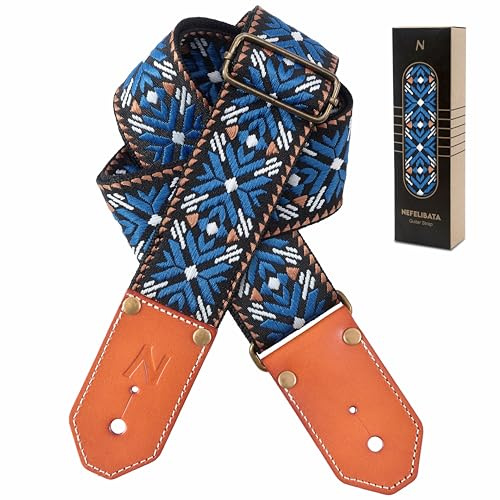 Nefelibata Cooler gewebter Gitarrengurt, Baumwoll-Gitarrengurte mit verdickter erster Schicht, pflanzlich gegerbten Rindsleder-Enden für Akustik-, Bass-, E-Gitarre, für Gitarristen (Glamour Blau)