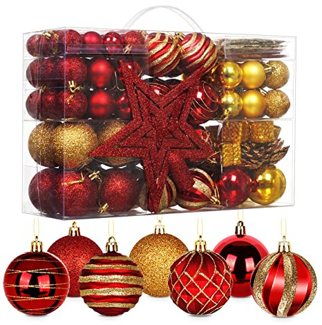 HOUISM Weihnachtskugeln Rot Gold, 145STK Christbaumkugeln mit Baumspitze Stern Weihnachtsbaumkugeln Bruchsicher Kunststoff mit Aufhängen, Inkl. 36tlg Haken