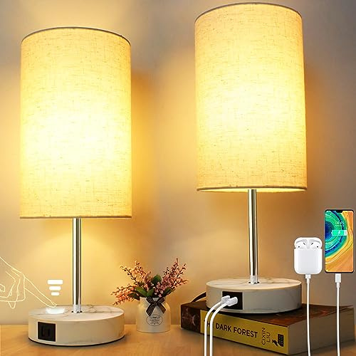Wondlumi Nachttischlampen 2er Set Schlafzimmer, LED Tischleuchte Touch Dimmbar mit USB Ladefunktion, Modern E27 Tischlampe Beige mit Schirm inkl. 6W Warmweiß LED-Birne