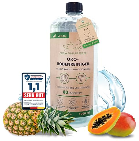 GRASHÜPFER® Öko Bodenreiniger für Wischroboter [TROPISCH] - Wischroboter Reinigungsmittel kompatibel mit Roborock, Dreame, Ecovacs & Co. geeignet für Laminat, Parkett, Vinyl & Fliesen - 1000ml