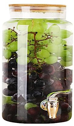 WYJRO Dispensador De Bebidas De Cristal,Jarra De Vidrio Botella con Grifo Y Tapa De Madera para Dispensador Bebidas Botella Vidrio Bebida Caliente O Fría para Fría,Café,Faucet a,3L