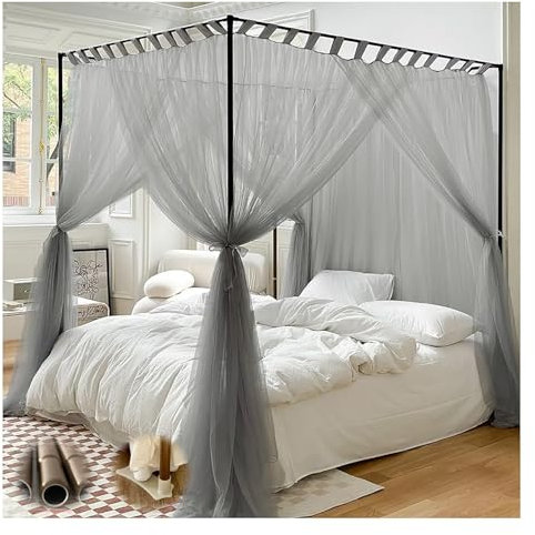 BYZOMU Holzmaserung, Aluminiumlegierung, 4 Ecken, Pfosten, Himmelbett, Vorhänge, Himmelbettrahmen, Pfostenstangen Für Schlafzimmer, Bettnetz, Himmelrahmen Für Erwachsene, Elegant(Schwarz,Double)