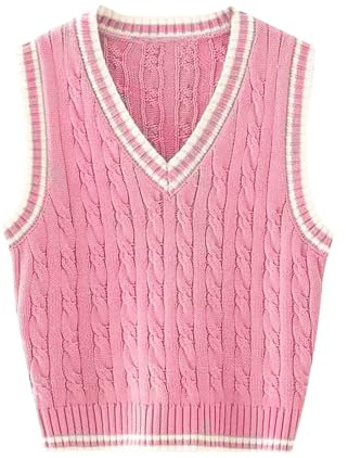 RefindWin Women's Casual V Neck Cable Knit Sweater Vest Solid Sleeveless Tank Tops Women Vest 2024 Pink S